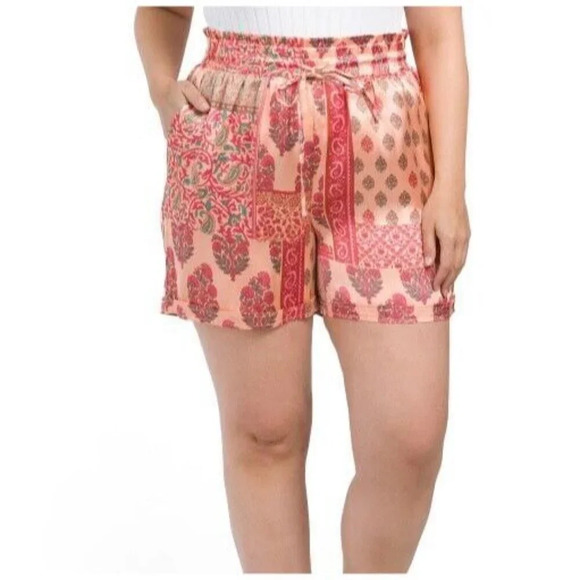 Kaktus + 3X Red Floral Satin Shirred Drawstring Waist Side Pockets Dress Shorts - Picture 2 of 7